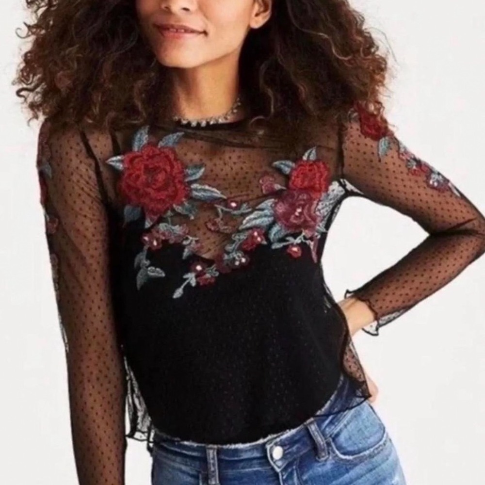 American Eagle Sheer Black Polka Dot Mesh Floral Embroidered Long Sleeve- Large